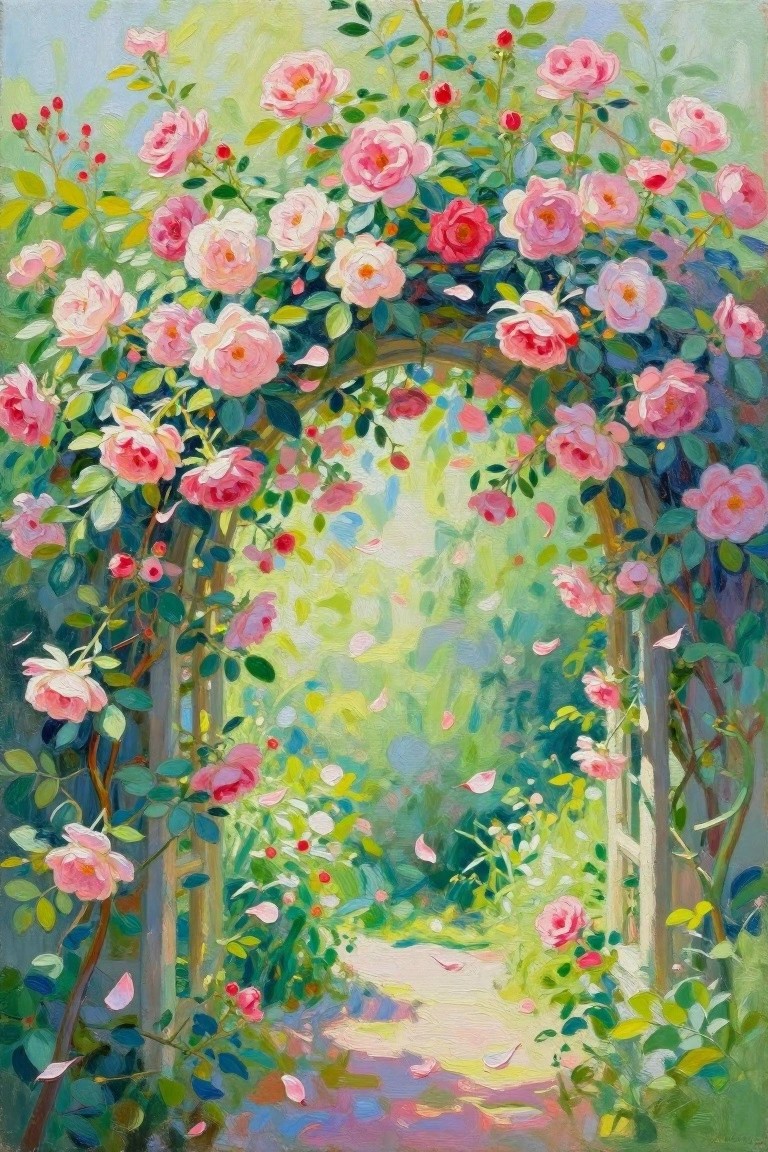 Lush pink rose-covered archway framing a sunlit garden path with falling petals