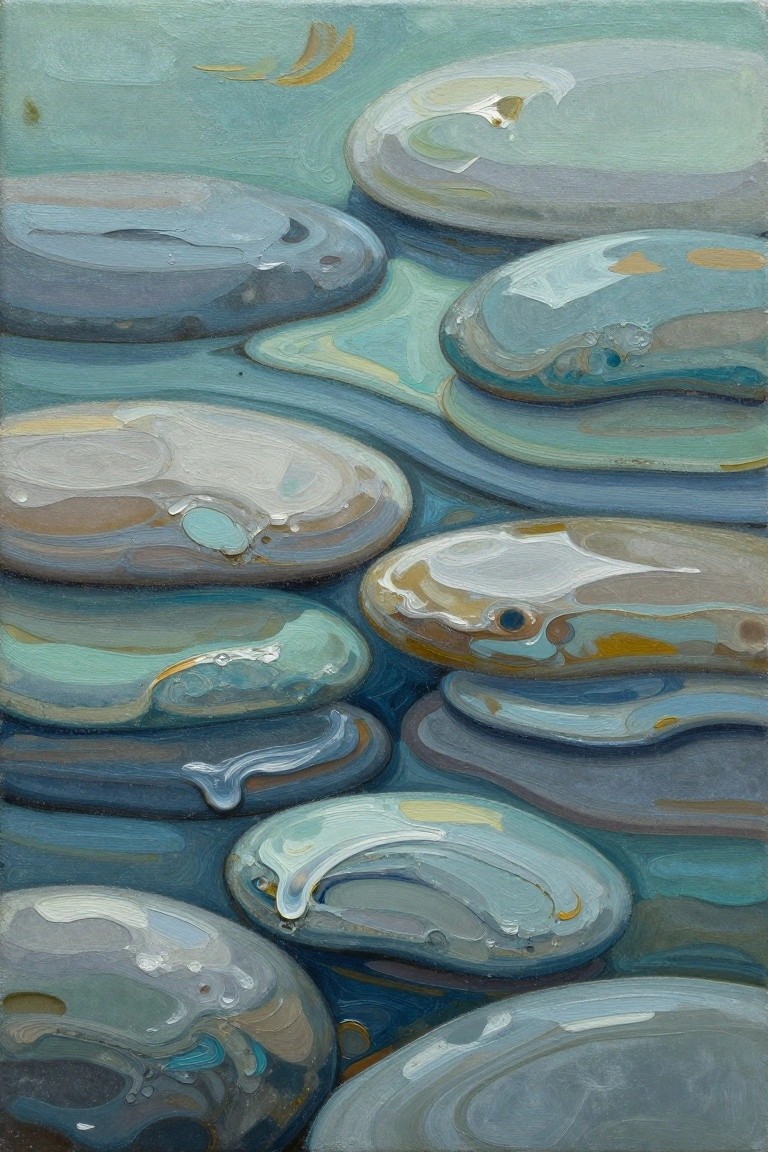 Smooth rounded stones with flowing blue teal water and white highlights