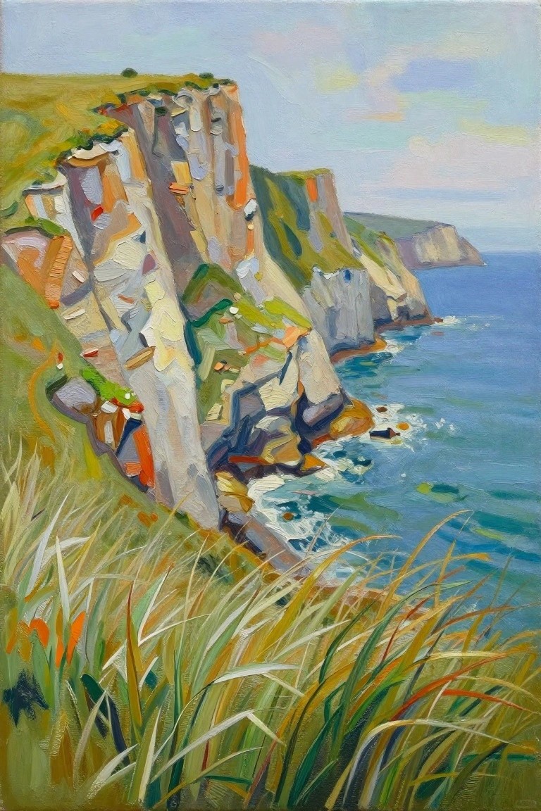 Colorful cliffs rise above blue ocean waves, with tall grass in foreground.