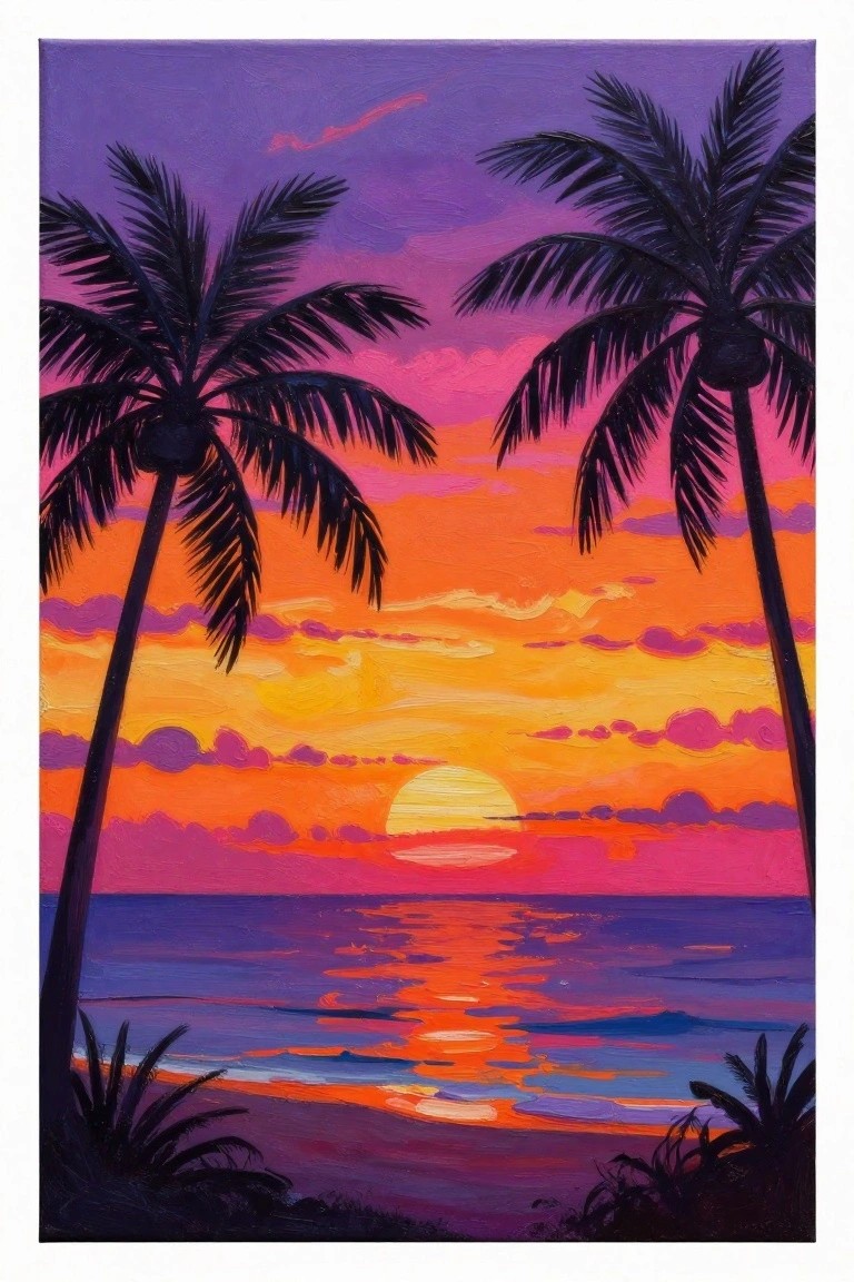 Vibrant sunset with silhouetted palm trees framing colorful ocean horizon.