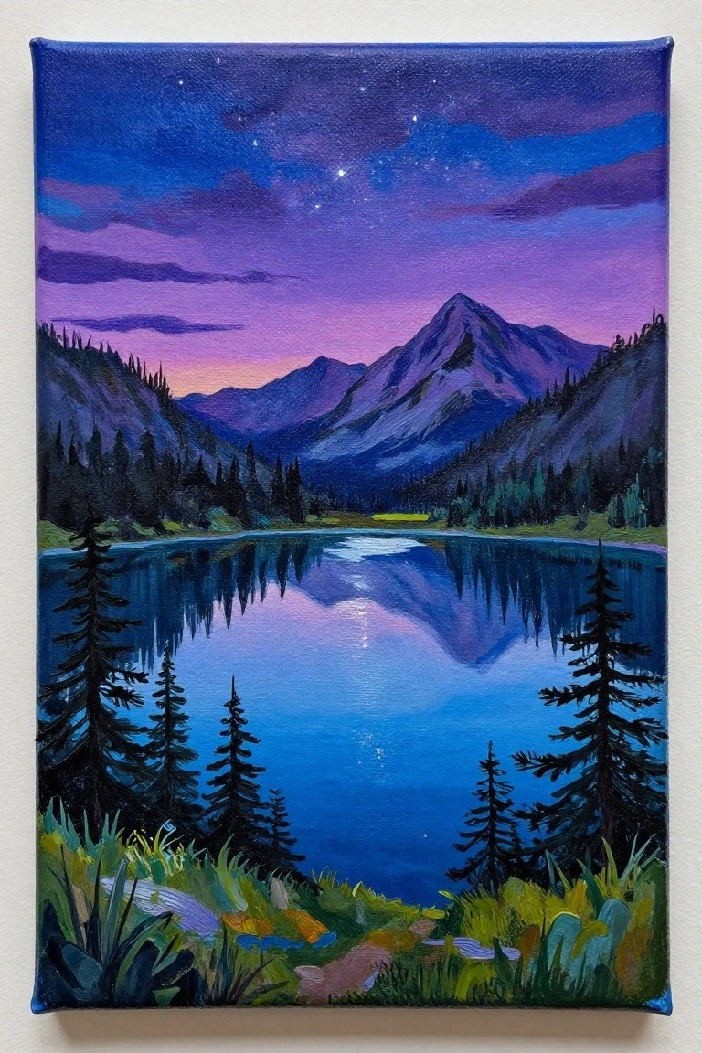 Starry purple sky reflected in serene mountain lake ringed by pines.