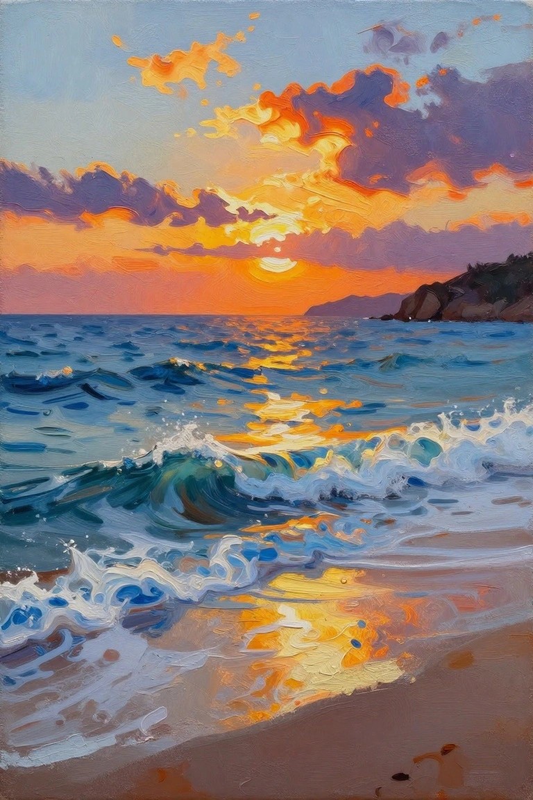 Vibrant sunset painting with orange skies reflecting on crashing blue ocean waves.