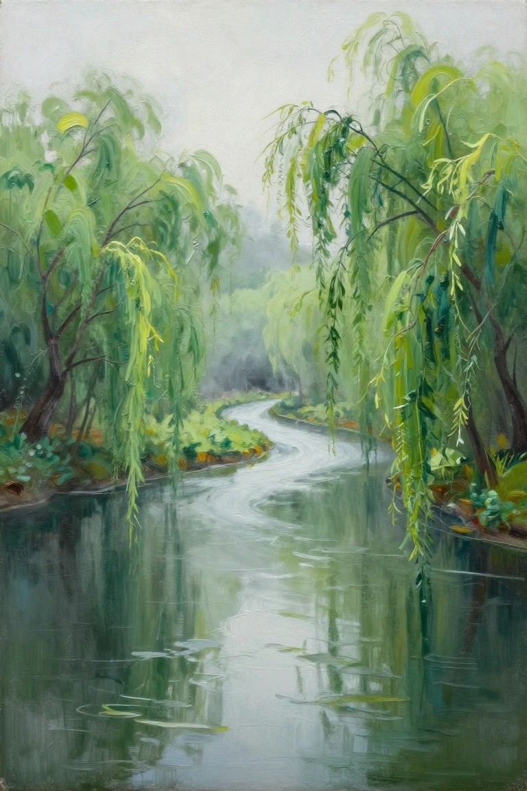 Winding river flanked by drooping willows with misty reflections in green landscape