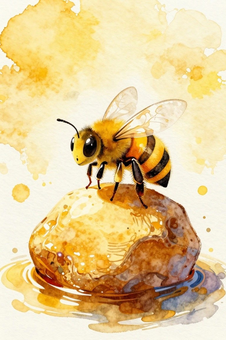 Watercolor bee perched on honey-dripping amber rock with yellow splatter background