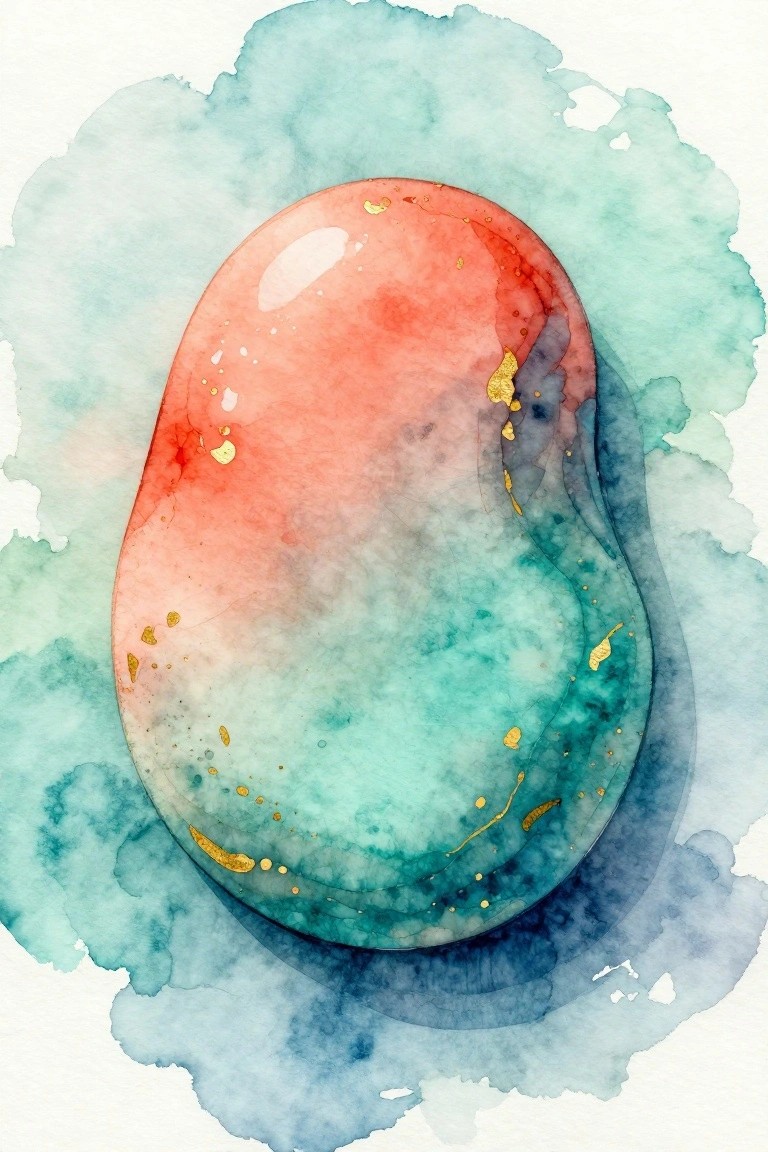 Vibrant watercolor stone blending coral red and turquoise with gold flecks.