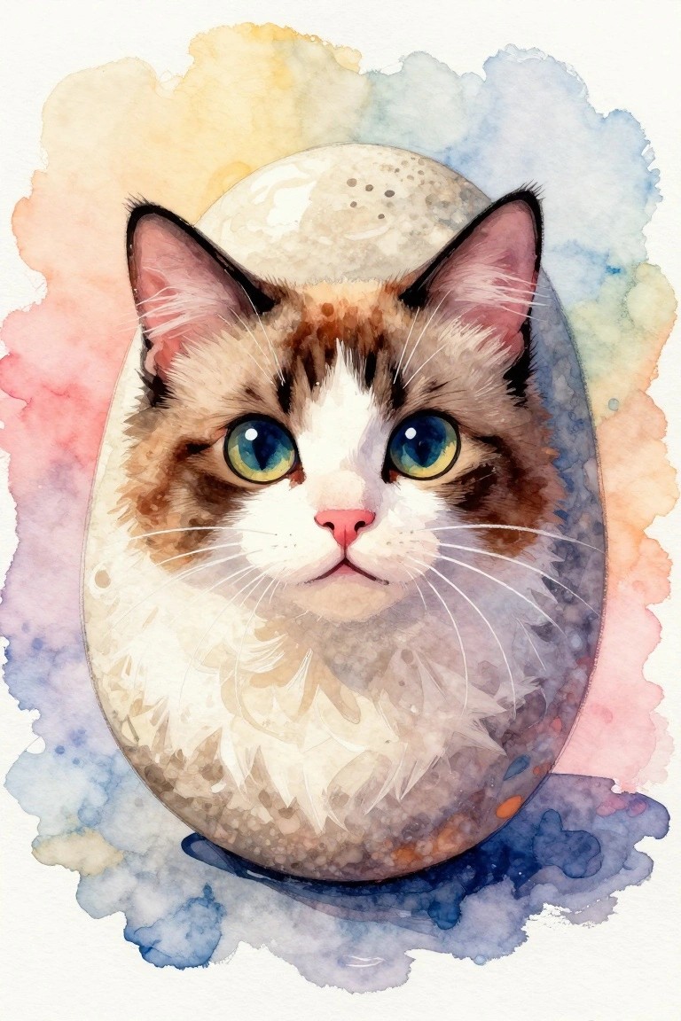 Watercolor cat with blue eyes emerging from speckled egg amid colorful splashes.