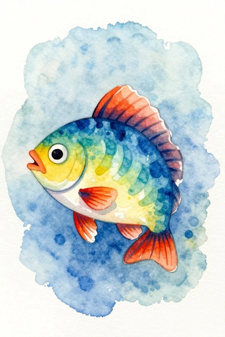 Colorful watercolor fish with blue-green scales and orange fins on blue background