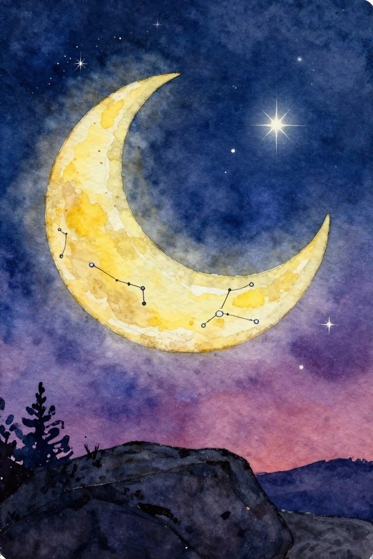 Watercolor crescent moon with constellations over starry purple night sky and rocks