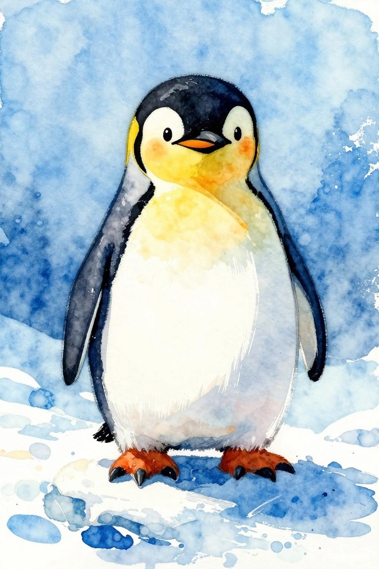 Watercolor penguin with black head, yellow face, and orange feet on snowy blue ground