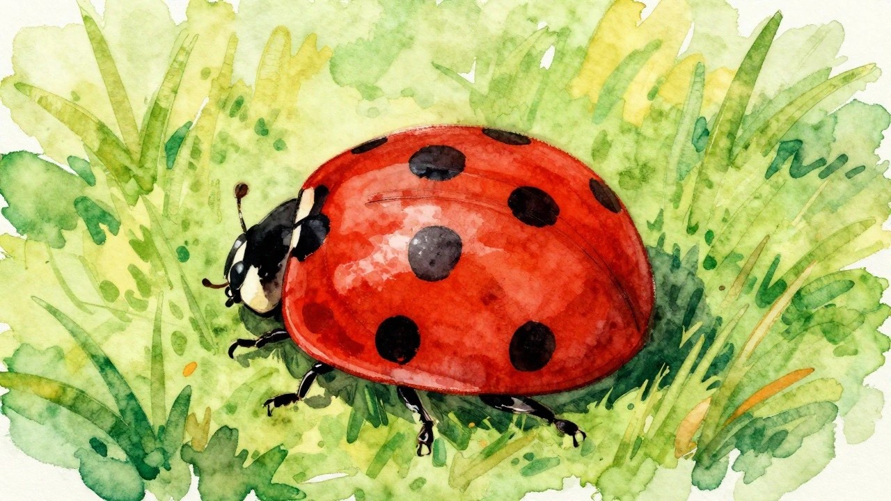 Watercolor red ladybug with black spots, legs, antennae, on grass.