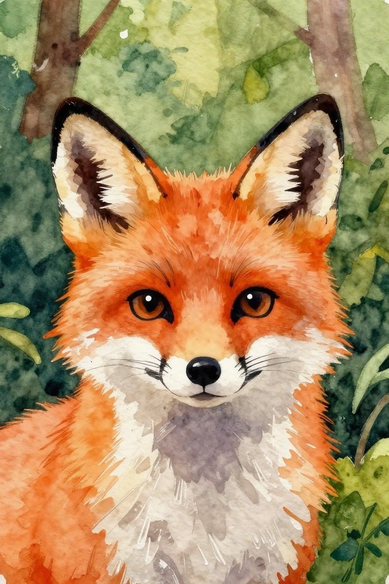Watercolor close-up of an orange fox with white chest and black-tipped ears in forest.