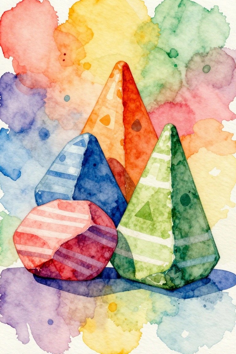 Vibrant watercolor crystals with geometric patterns on a colorful abstract background.