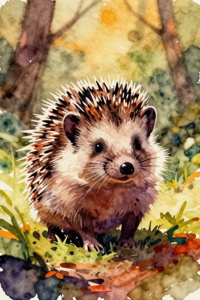Watercolor hedgehog with brown spines standing amid colorful autumn forest foliage