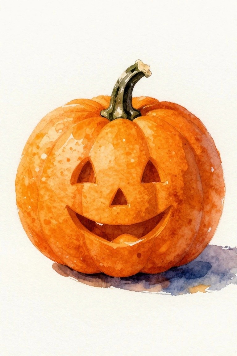 Watercolor jack-o'-lantern pumpkin with orange rind, carved smile, and green stem.