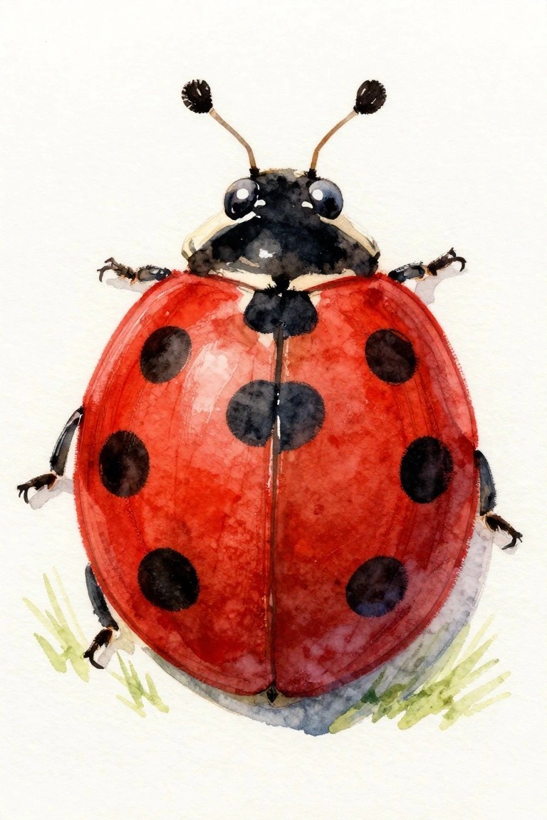 Watercolor red ladybug with black spots, legs, antennae, on grass.