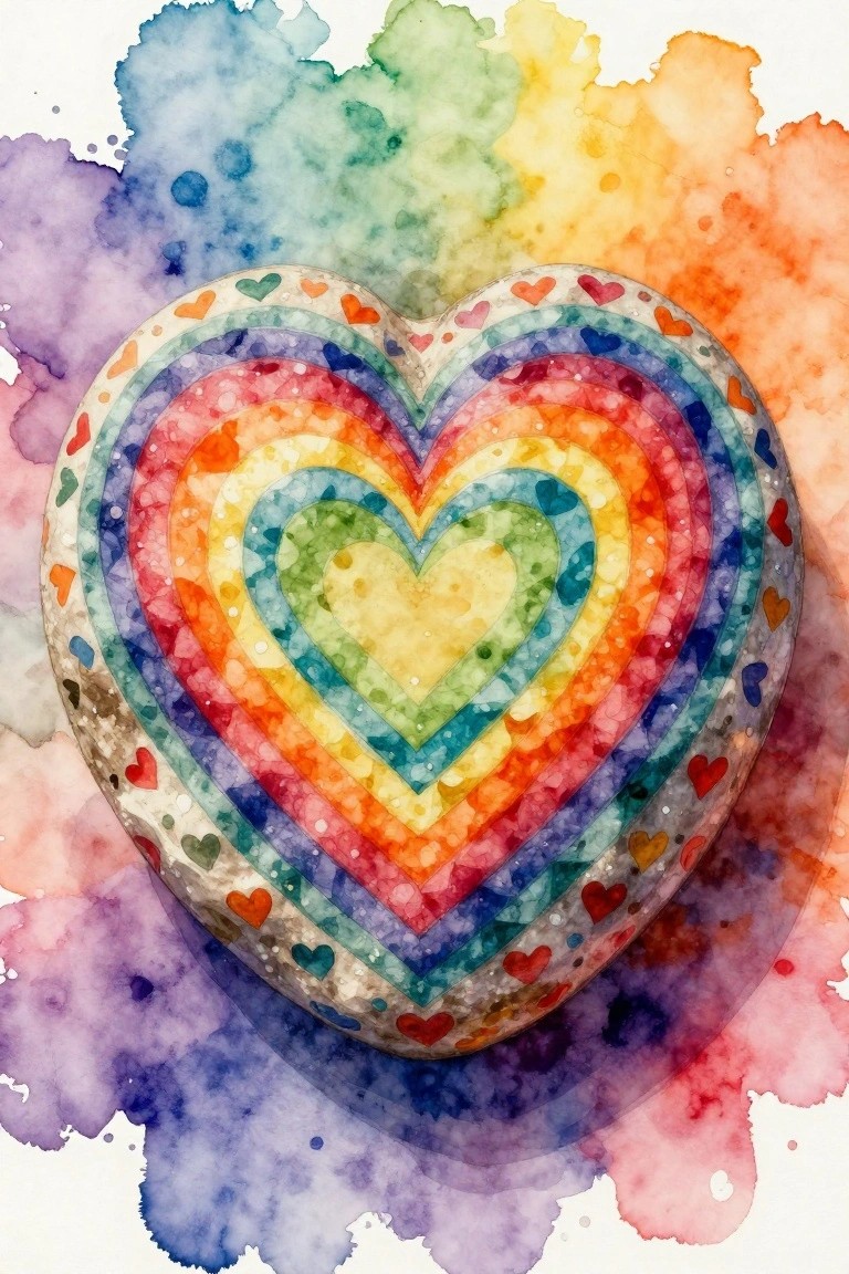 Rainbow-layered heart stone with tiny hearts on vibrant watercolor splashes