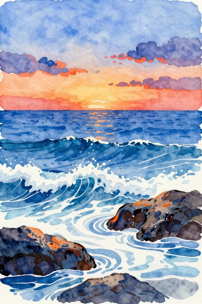 Watercolor seascape of sunset over blue ocean waves crashing on rocks