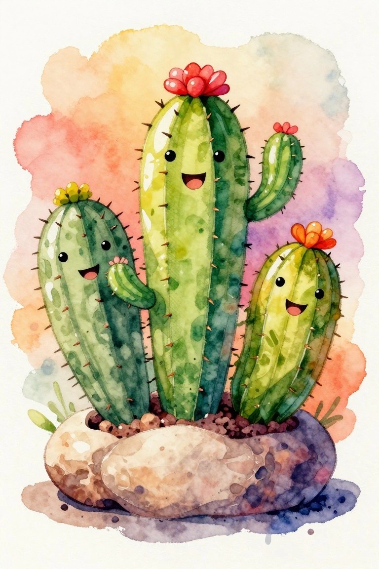 Three smiling cacti with flowers in a rocky pot, vibrant watercolor style