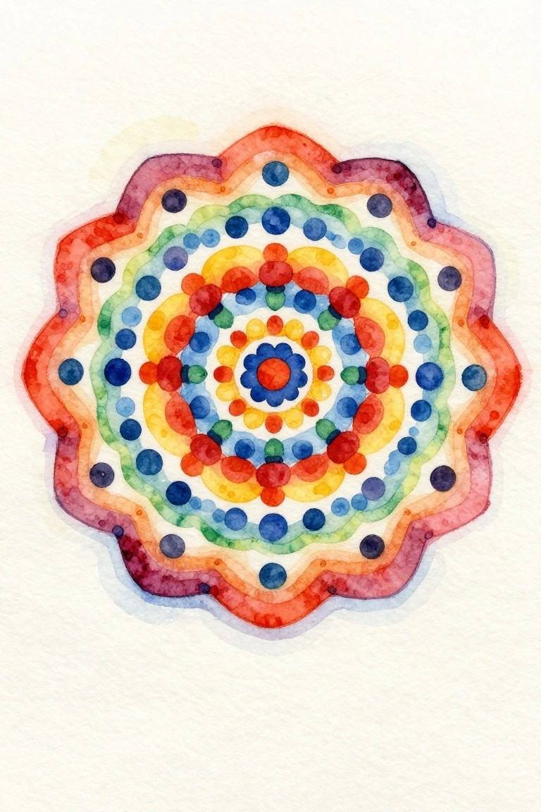 Vibrant rainbow watercolor mandala with concentric circles, dots, and scalloped edges.