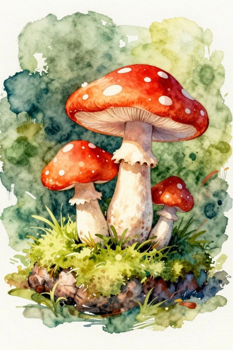 Three red spotted mushrooms with white stems on mossy rocks in watercolor style