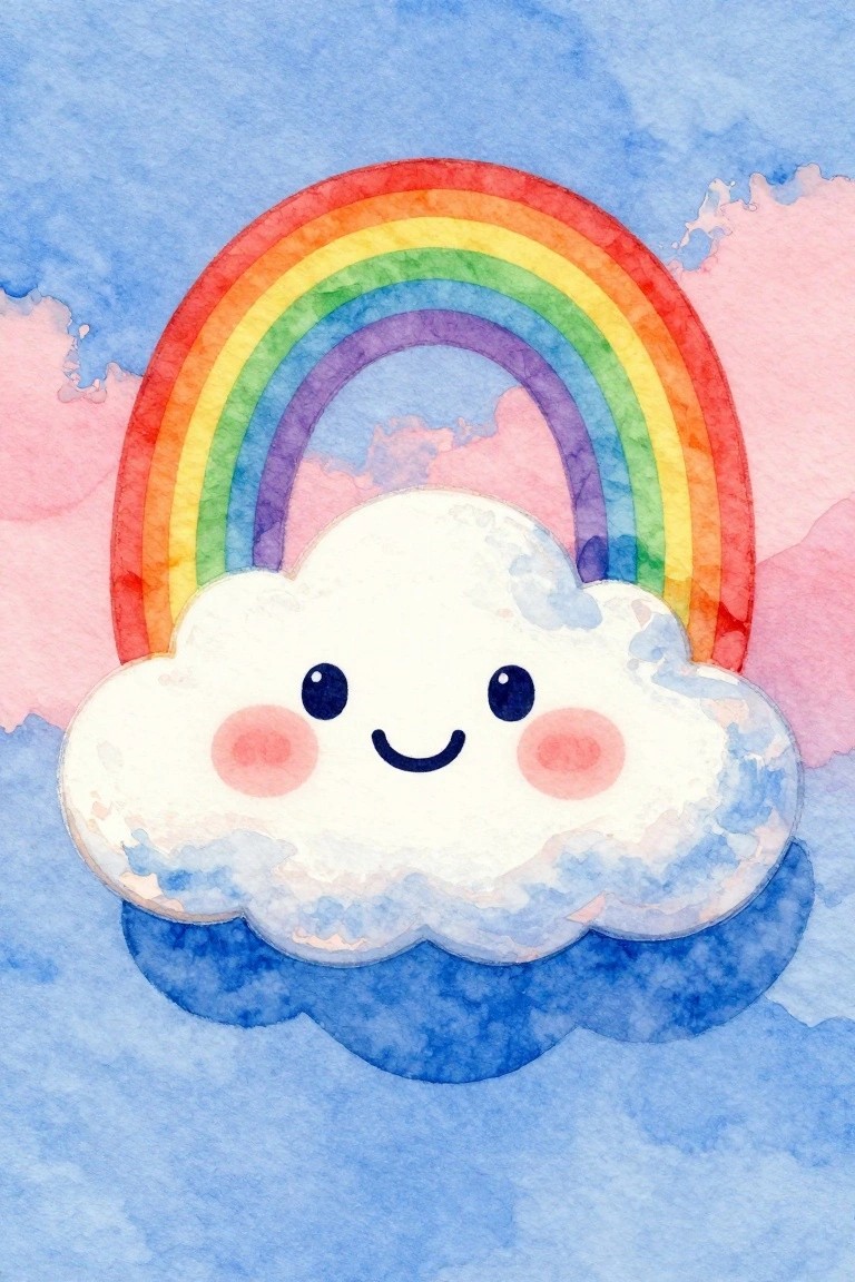 Smiling cloud with pink cheeks under colorful rainbow in watercolor sky