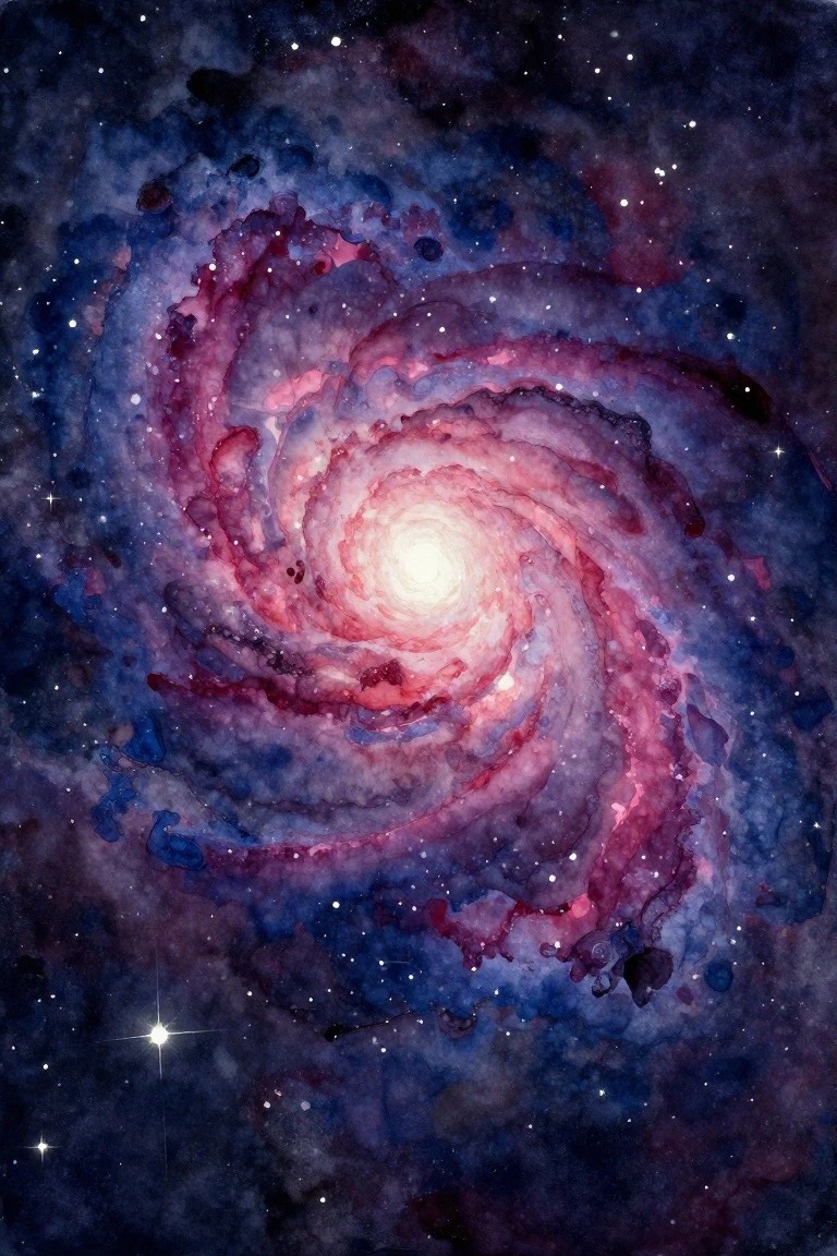 Watercolor spiral galaxy with pink, blue, and purple swirling arms around a glowing core