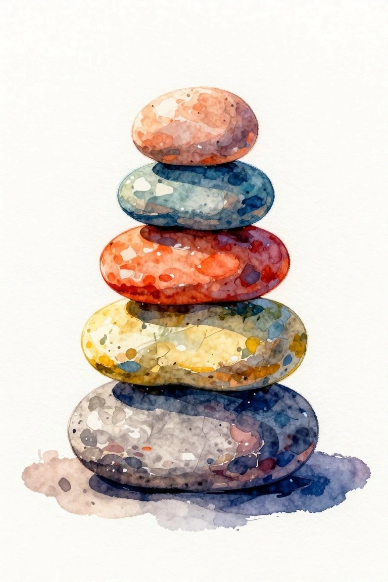 A watercolor painting of five colorful stacked oval rocks with speckled patterns on a white background.
