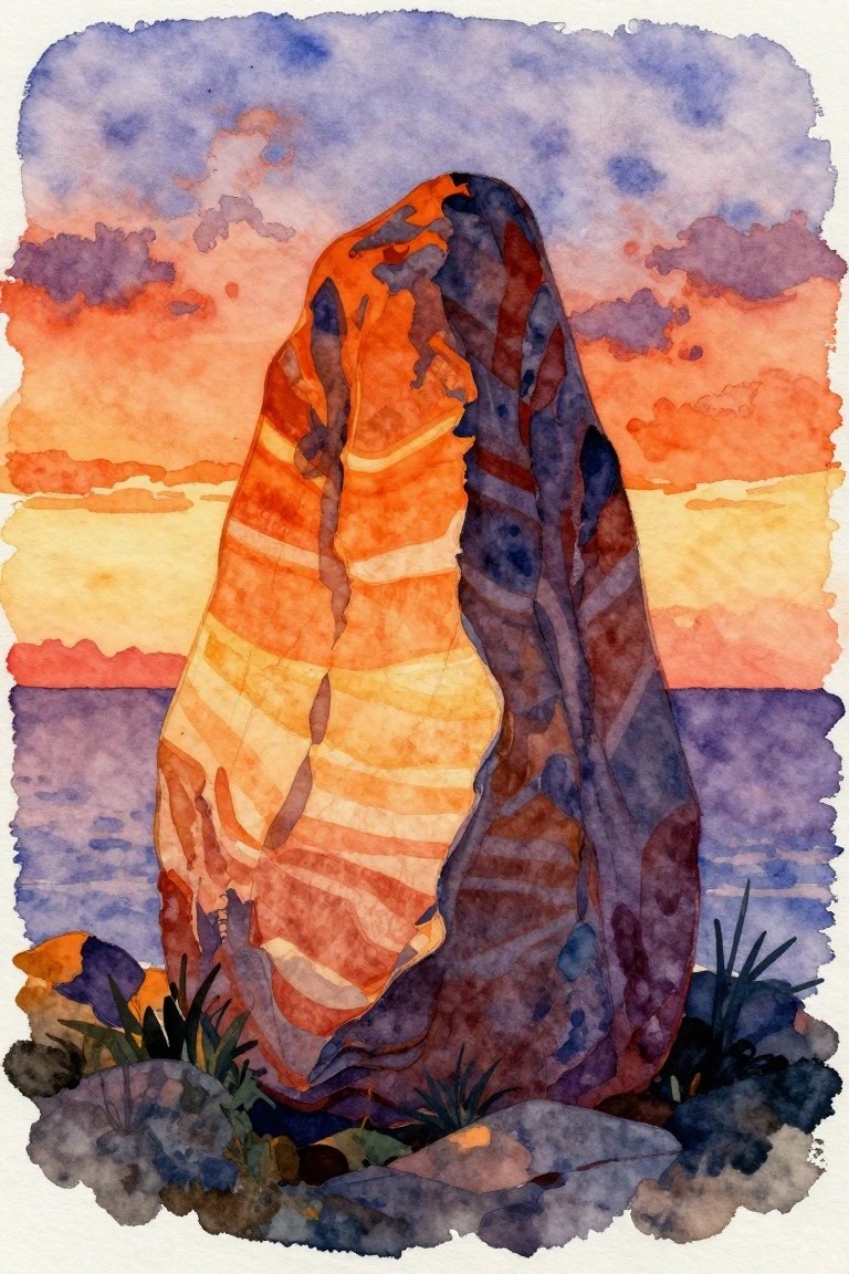Watercolor of a tall striped rock formation under a vibrant orange-purple sunset sky.