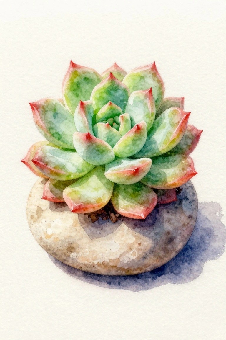 Watercolor succulent with green red-tipped leaves atop a speckled stone
