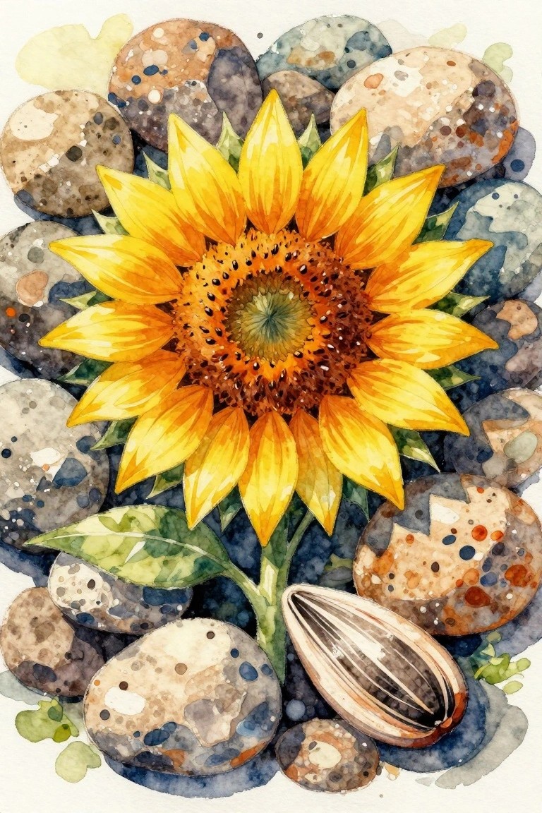 Watercolor sunflower with yellow petals amid speckled stones and a seed pod