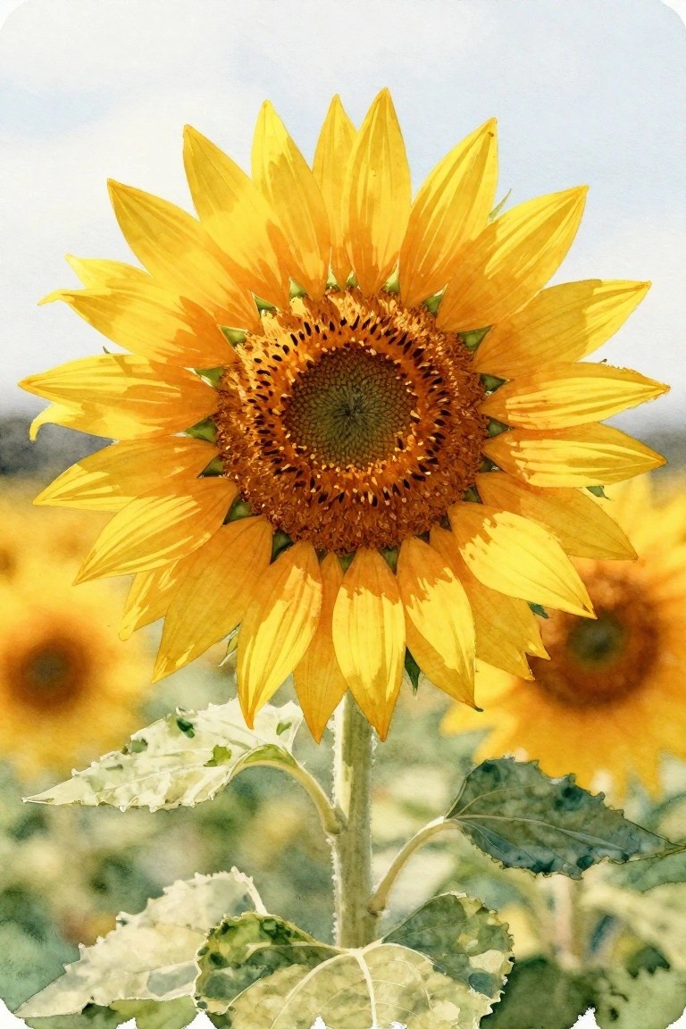 Vibrant yellow sunflower with brown center, green leaves and blurred field background