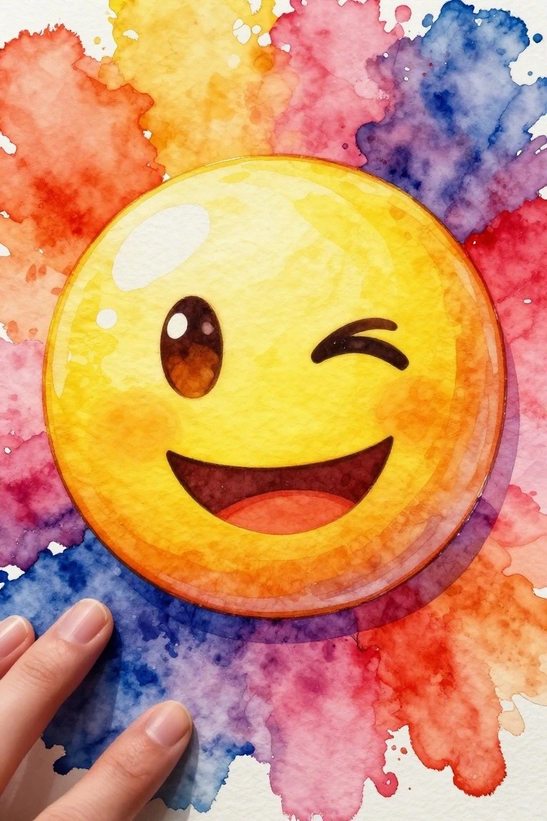 Winking yellow emoji on vibrant watercolor splashes with hand at bottom edge