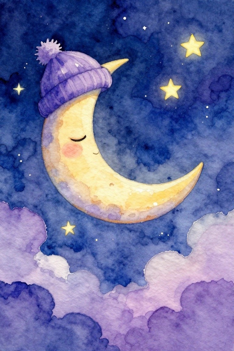 Watercolor crescent moon in purple pom-pom hat amid starry blue-purple clouds