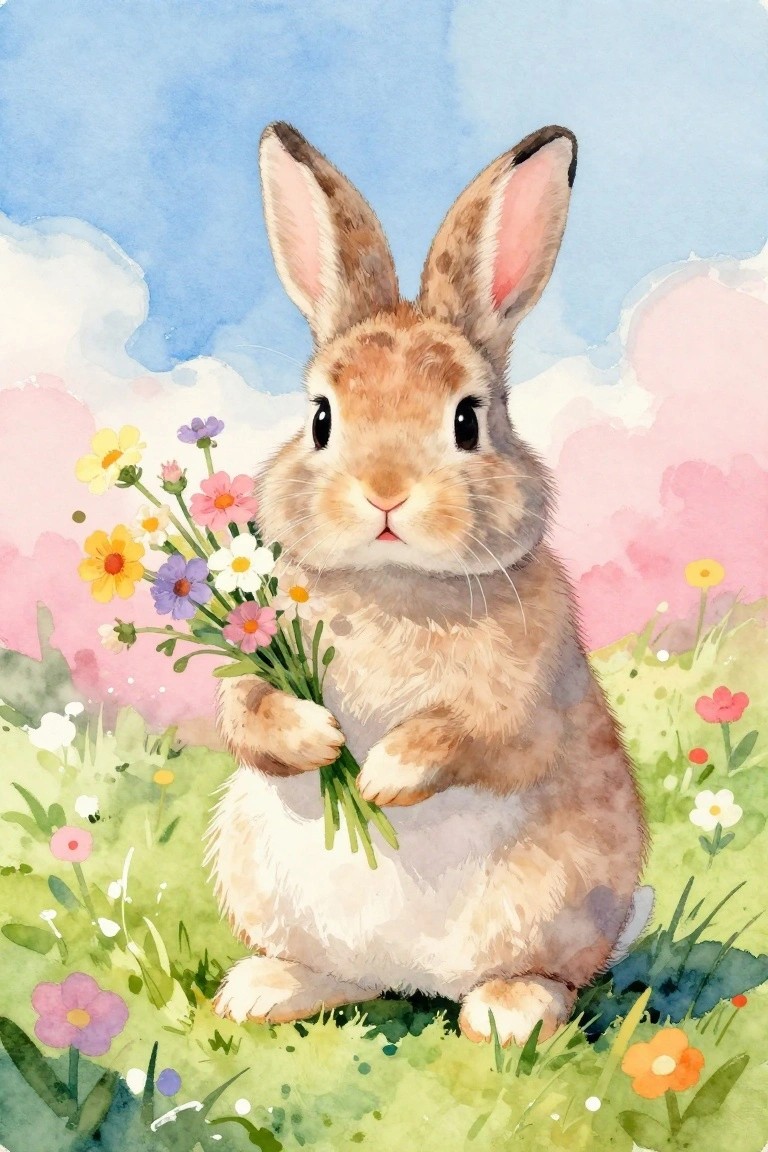 A watercolor painting of a brown and white bunny sitting in grass and holding a bouquet of colorful flowers.