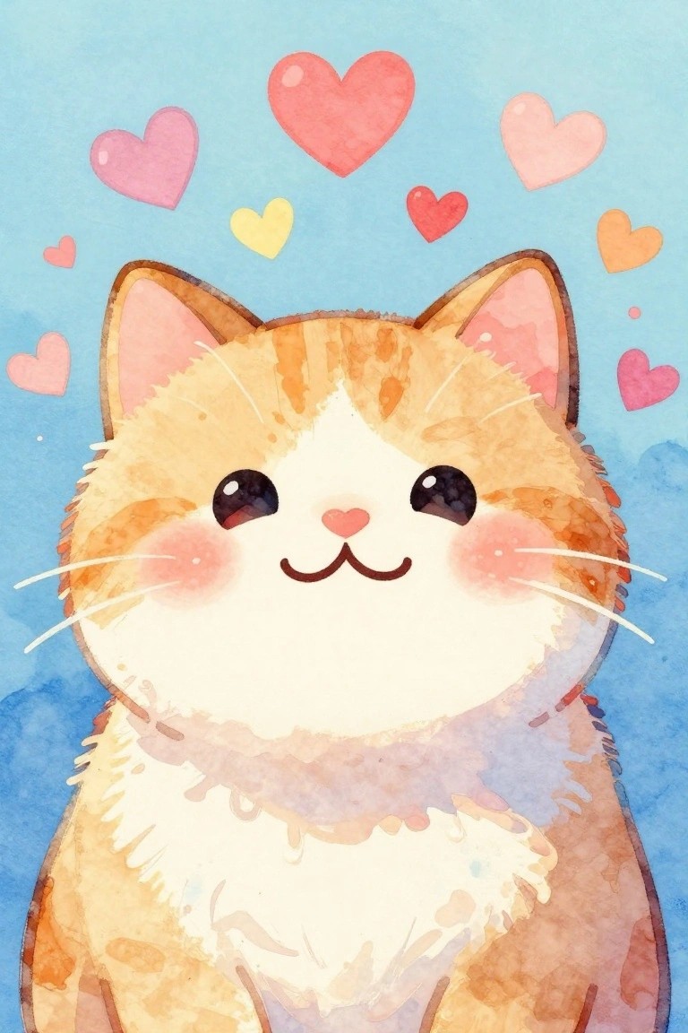 A watercolor-style painting of a cute orange cat face with pink cheeks, a heart nose, and several pink and yellow hearts floating on a blue background.
