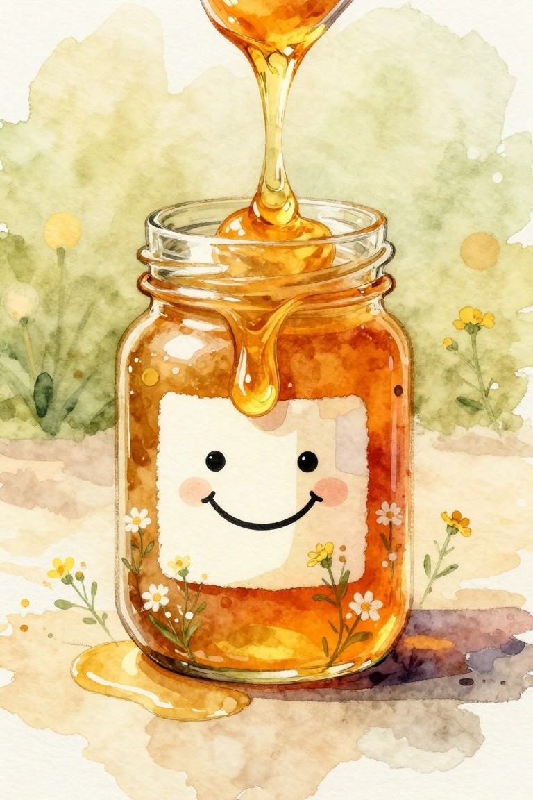 Watercolor of smiling honey jar with golden honey pouring in, wildflowers around it