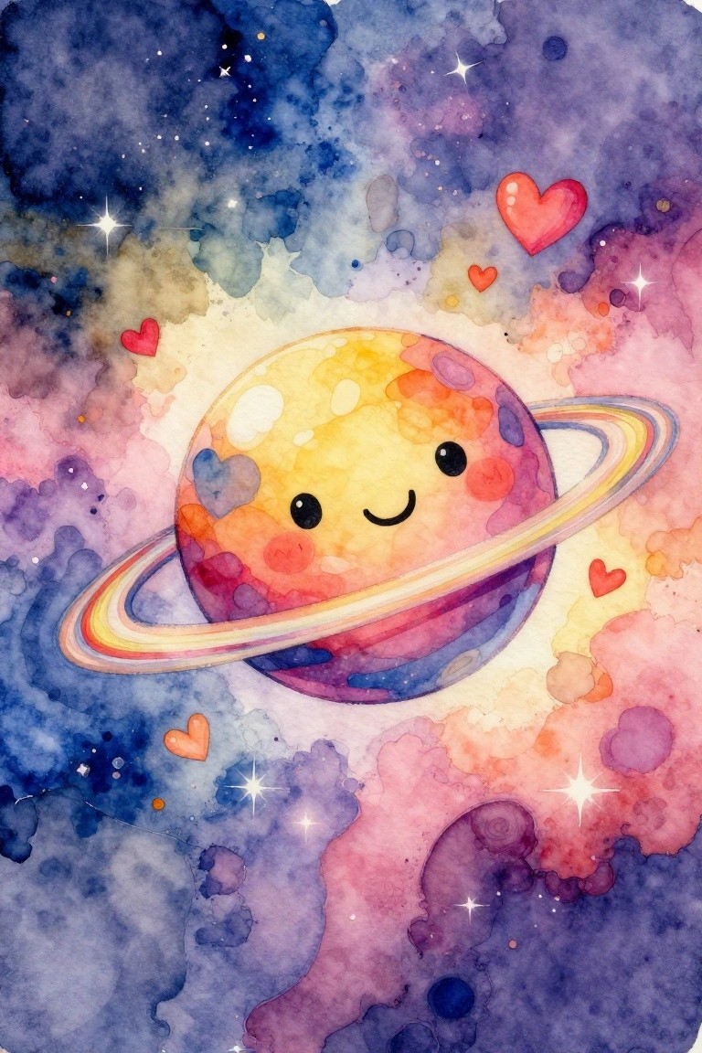 Cute cartoon planet with rings smiling amid colorful watercolor space and hearts