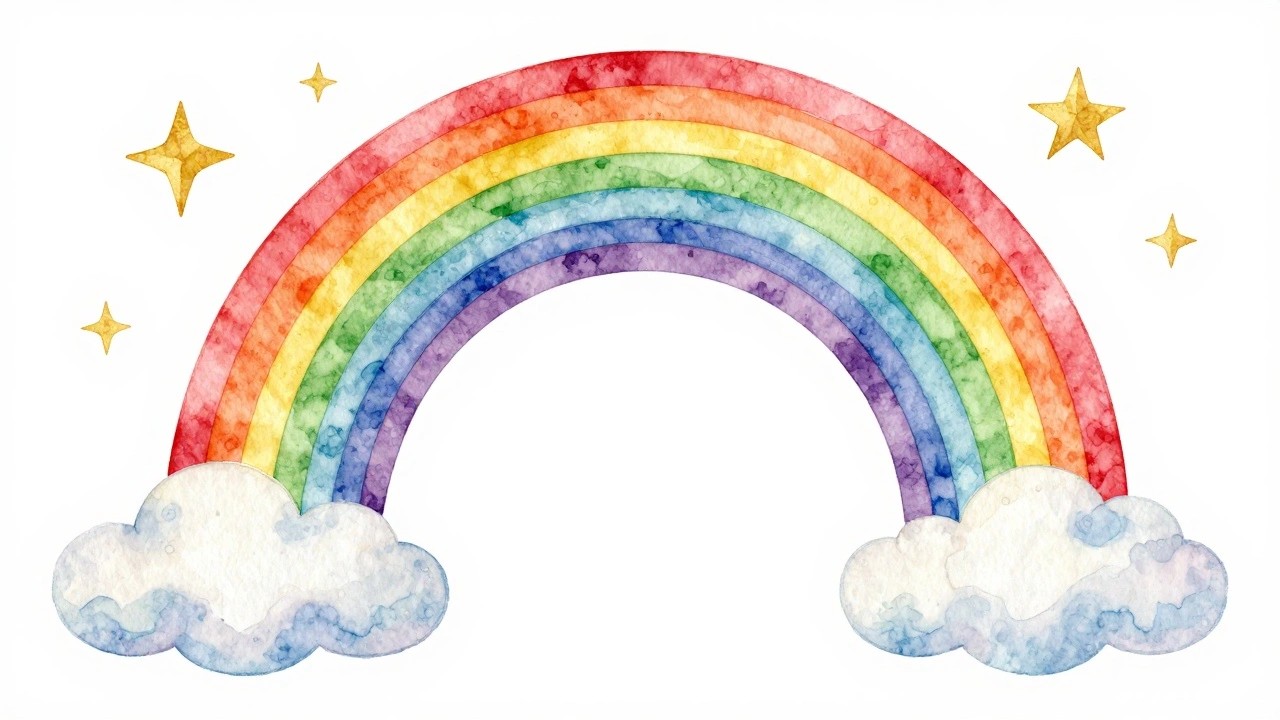 A watercolor painting of a rainbow arch with a smiling face, clouds at each base, and stars scattered around it.