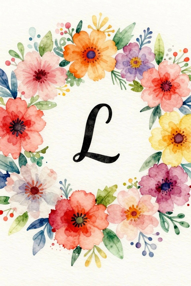 Watercolor floral wreath with vibrant blooms circling a black cursive L