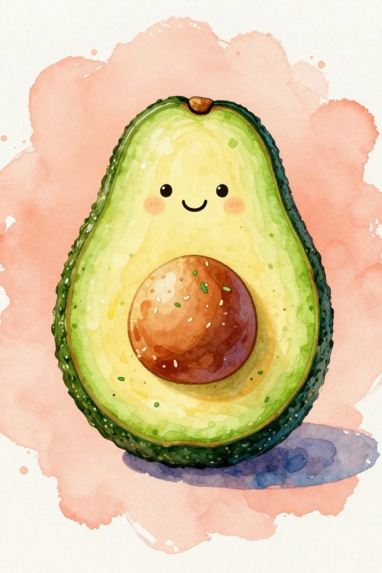 Cute kawaii avocado half with smiling face and pit on pink watercolor background.