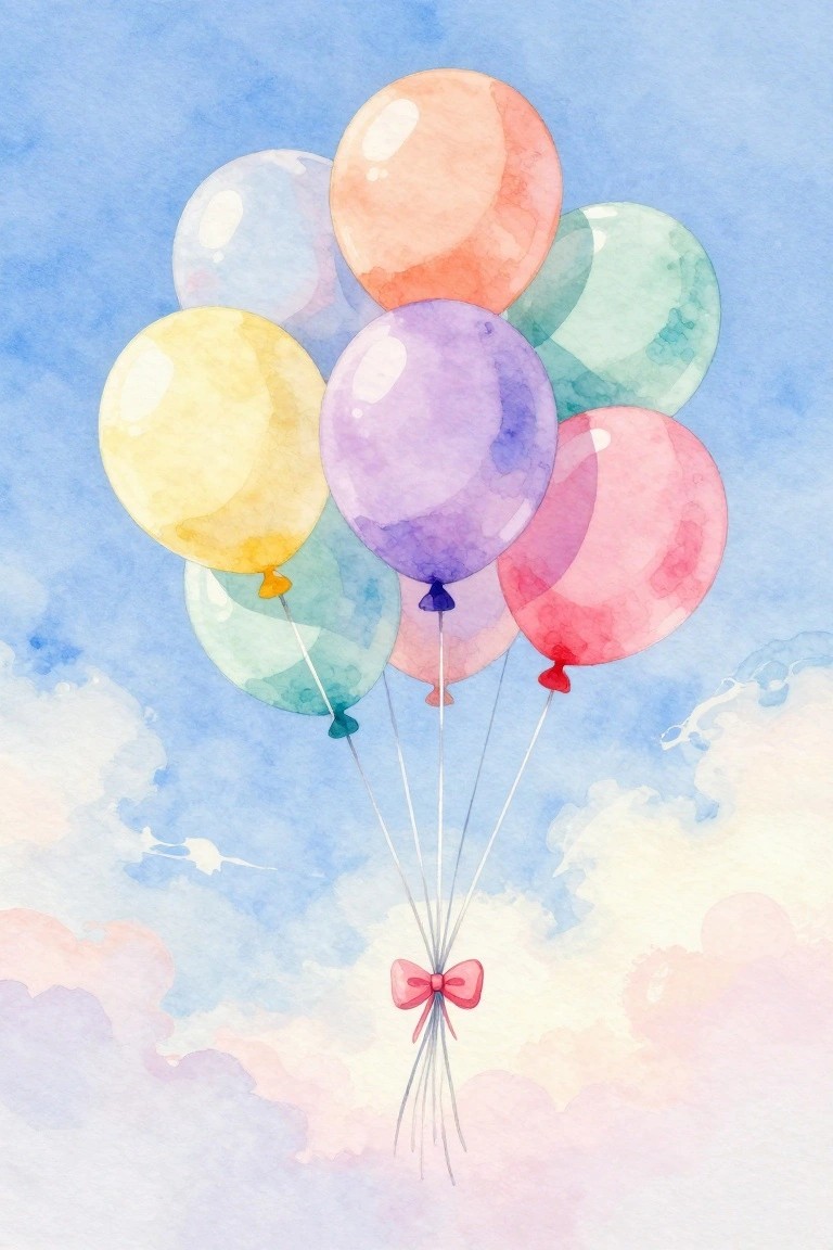 Watercolor pastel balloons floating in blue sky, tied with pink bow.