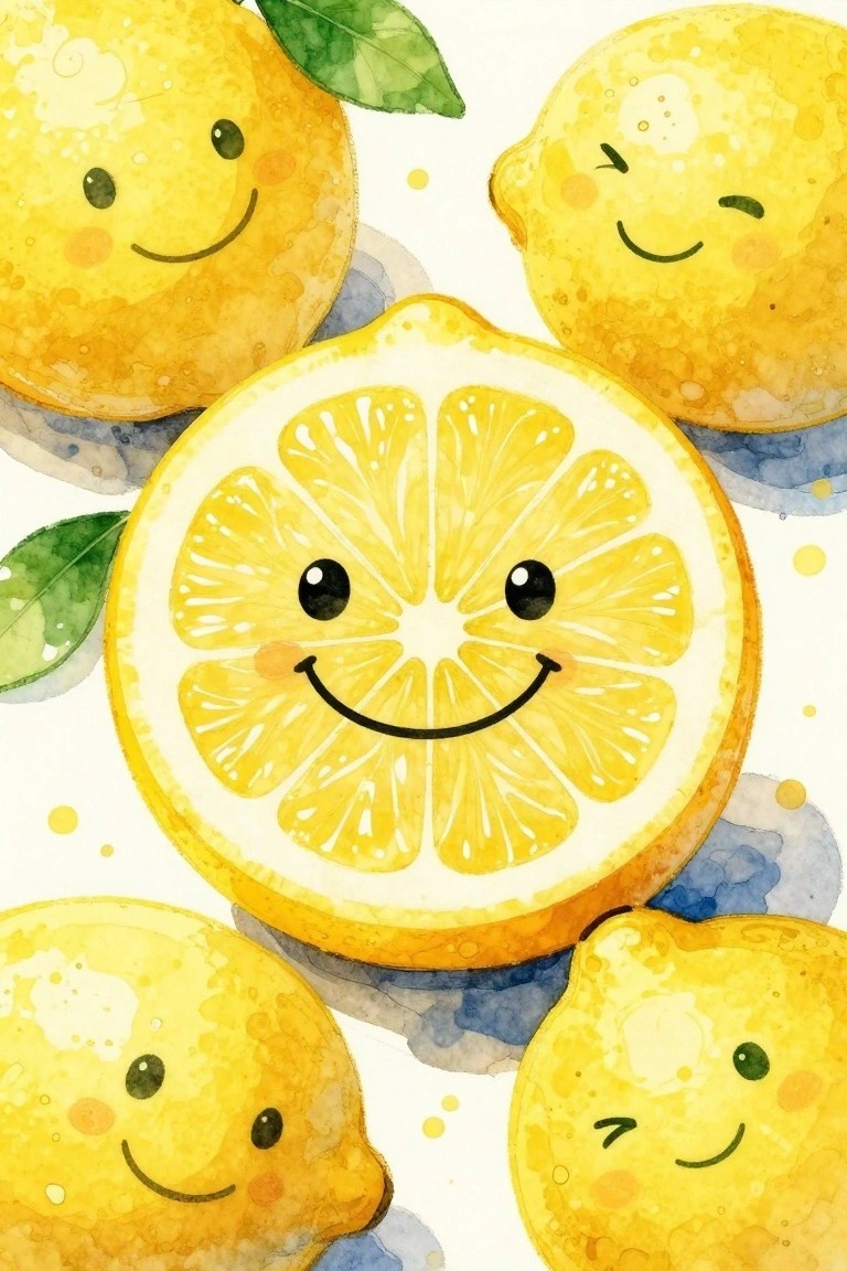Watercolor painting of yellow lemons with cartoon faces and one sliced lemon in the center.