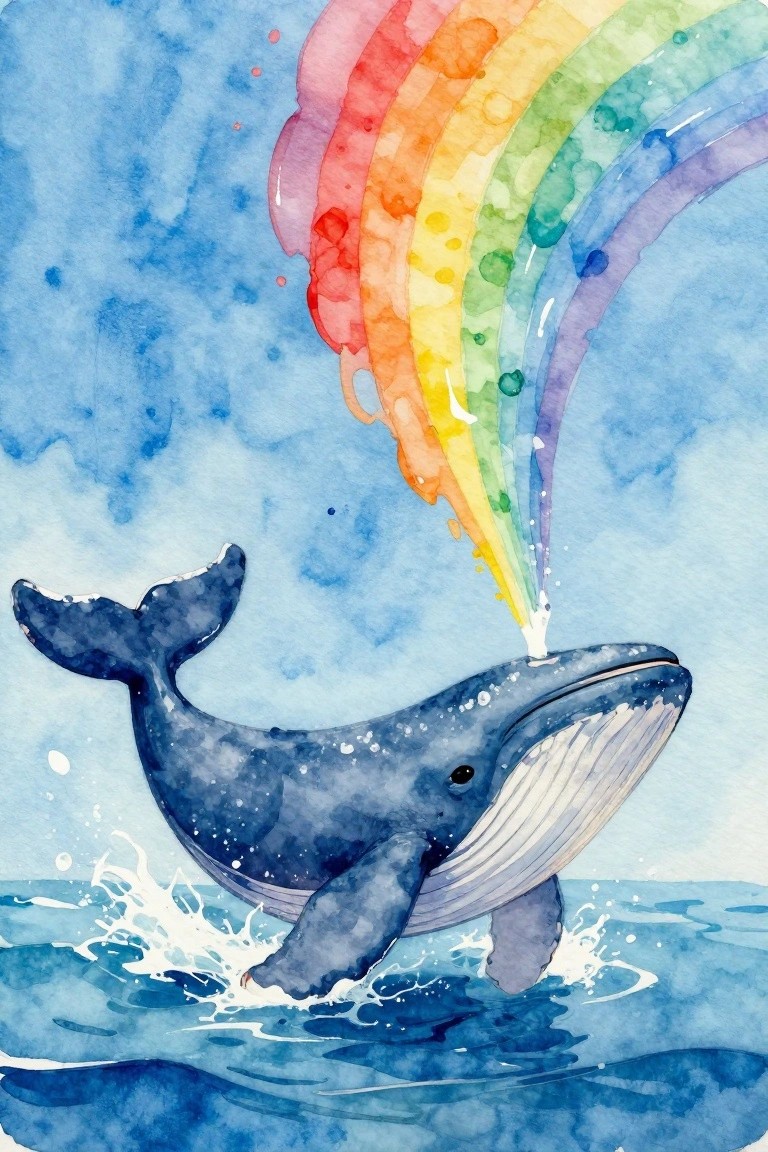 Watercolor whale breaching waves, spouting vibrant rainbow from its blowhole.