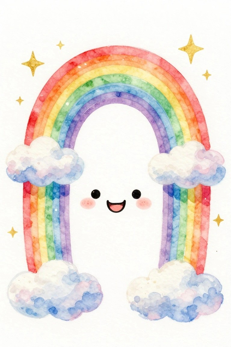 A watercolor painting of a rainbow arch with a smiling face, clouds at each base, and stars scattered around it.