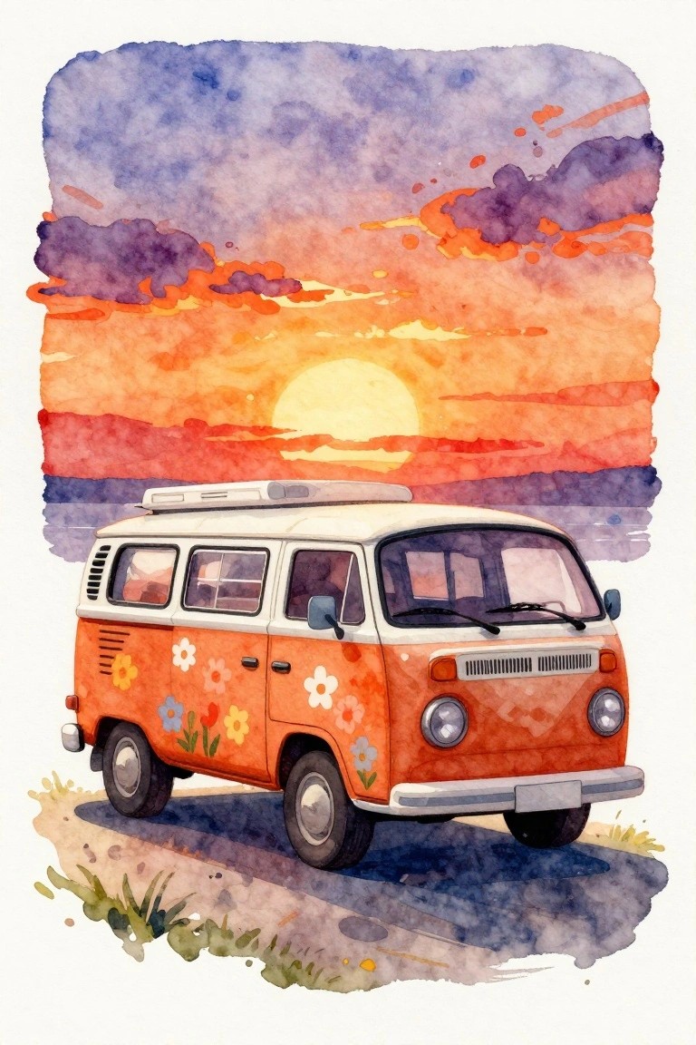 Vintage orange VW van with flower decals at vibrant watercolor sunset.