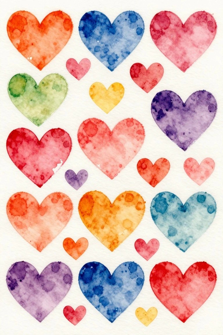 A white background covered with watercolor hearts of various sizes painted in orange, blue, pink, green, yellow, purple, and red with visible splatters.