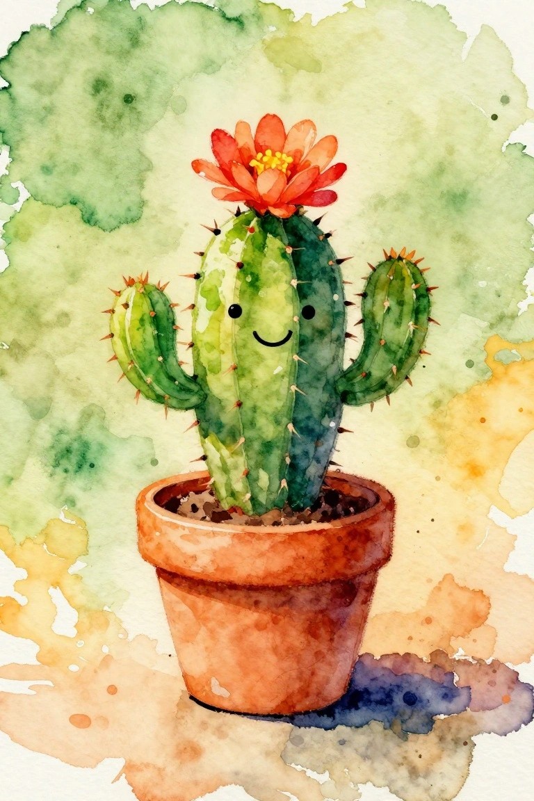 Watercolor painting of smiling cactus with red flower in orange terracotta pot on green background