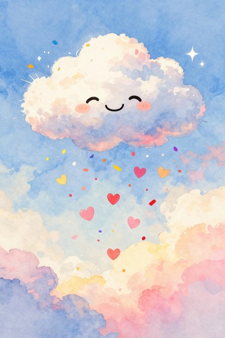 A watercolor painting of a smiling cloud with pink cheeks releasing colorful hearts and dots onto lower clouds in a blue sky.