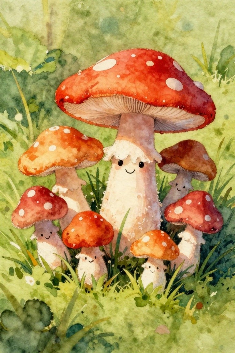 Watercolor painting of smiling mushroom characters with red caps in lush green grass