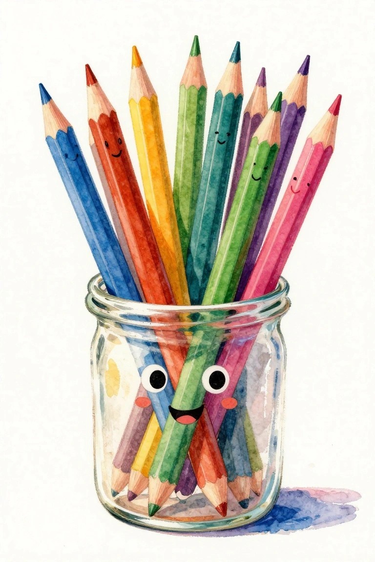 Watercolor of smiling jar filled with colorful faced pencils sticking out